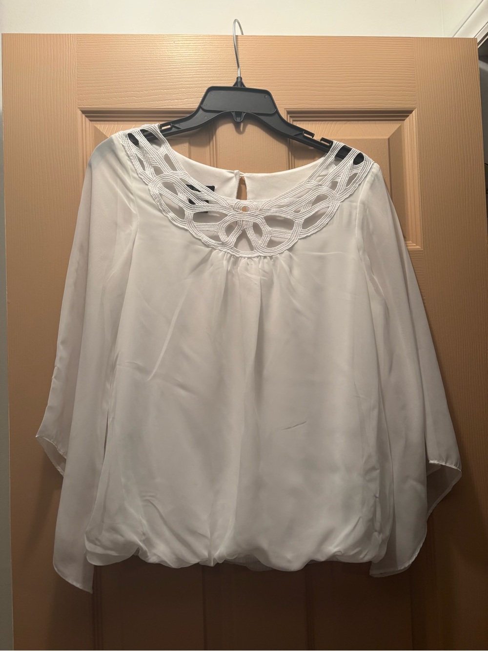 New Directions White Blouse | Size Small | Crochet Neckline | Flowy Bell Sleeves